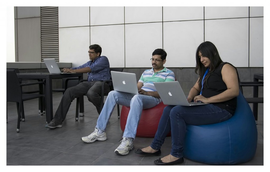 people working from open deck