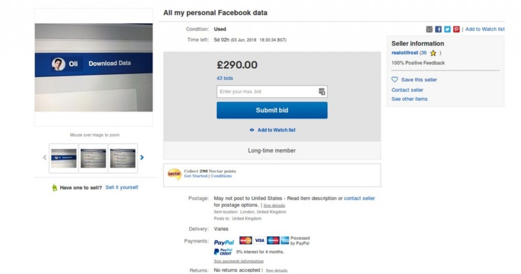 man sells facebook data on ebay