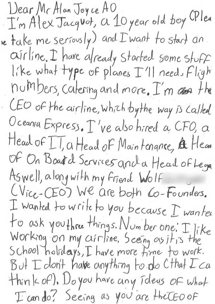 qantas letter 10-year-old