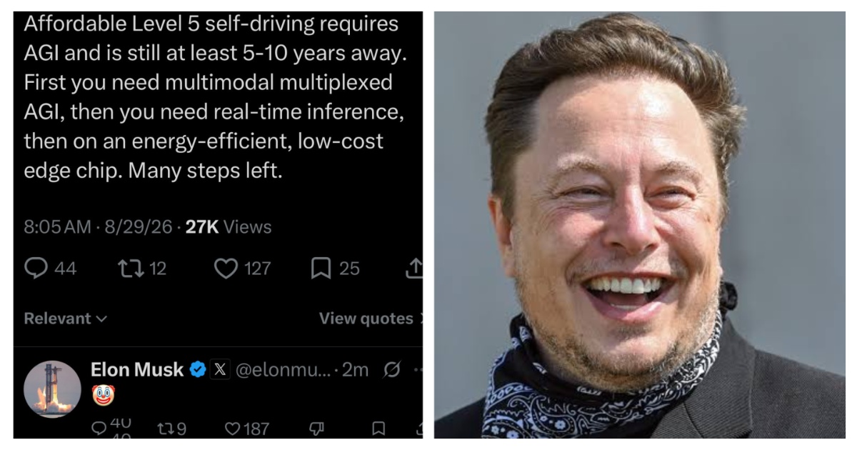 OpenAI VP Says Affordable Level 5 Self-Driving Is 5-10 Years Away, Elon Musk Responds With Single Clown Emoji