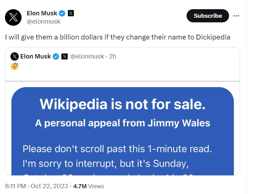 Elon Musk Says He'll Give Wikipedia $1 Billion if They Change Their Name to  D*ckipedia